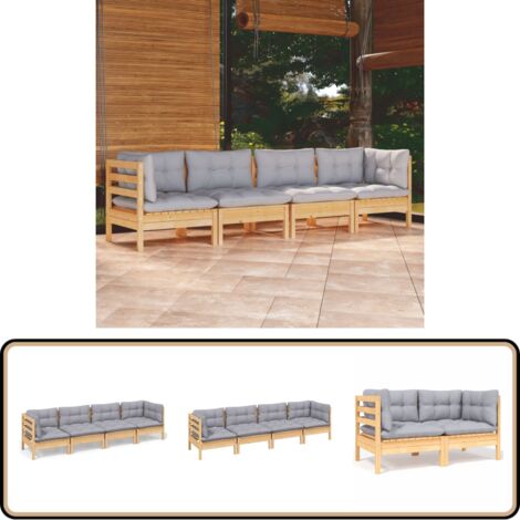 4-tlg. Garten-Lounge-Set mit Grauen Kissen Kiefer Massivholz - Garten Lounge Set - Kiefernholzmöbel - Outdoor Möbel - Gartenzubehör - Loungemöbel