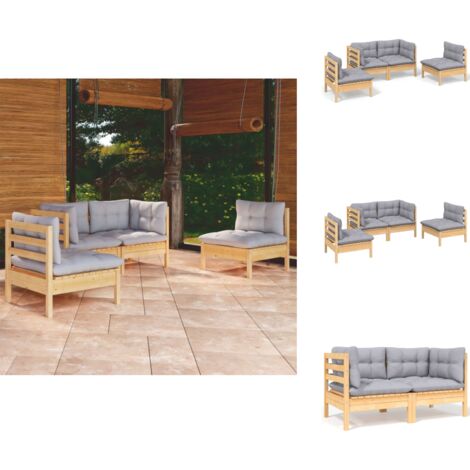 4-tlg. Garten-Lounge-Set mit Grauen Kissen Kiefer Massivholz - Gartenmöbeln - Lounge Set - Kiefernholzmöbel - Outdoor Möbel - Gartengeräte