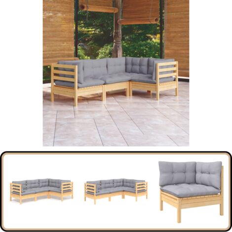 4-tlg. Garten-Lounge-Set mit Grauen Kissen Kiefernholz - Garten Lounge Set - Kiefernholz Möbel - Outdoor Möbel - Loungemöbel - Gartenmöbel