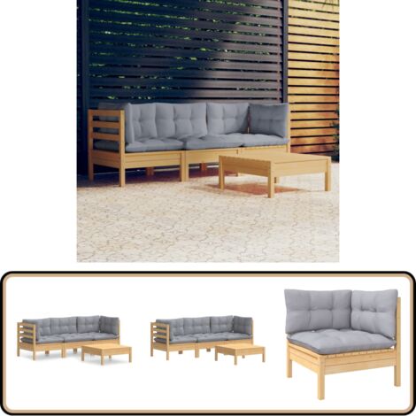 4-tlg. Garten-Lounge-Set mit Grauen Kissen Kiefernholz - Gartensessel - Loungemöbel - Gartenmöbel Set - Rattan Möbel - Outdoor Furniture