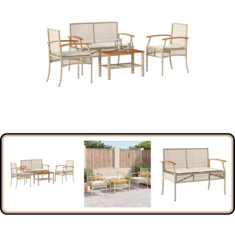 4-tlg. Garten-Lounge-Set mit Kissen Beige Poly Rattan - Gartensete - Lounge Set - Gartenmöbel - Rattan Möbel - PE-Rattan