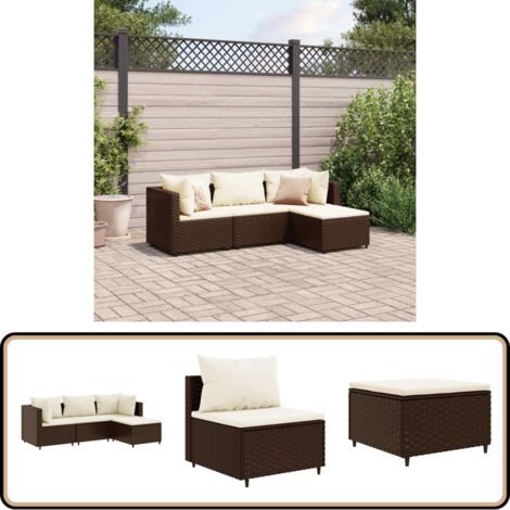 4-tlg. Garten-Lounge-Set mit Kissen Braun Poly Rattan - Gartengeset - Lounge Set - Gartenmöbel - Rattan Möbel - Outdoor Furniture