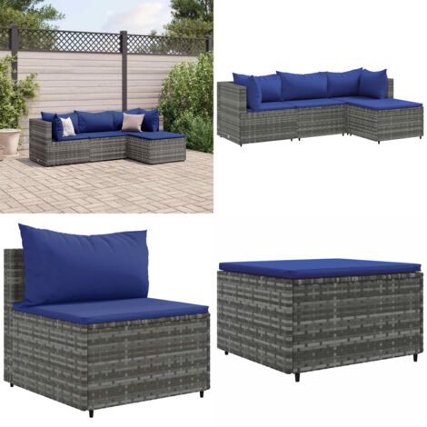 4-tlg. Garten-Lounge-Set mit Kissen Grau Poly Rattan - Gartengeset - Lounge Set - Gartenmöbel - Rattan Möbel - Outdoor Möbel - Home & Living