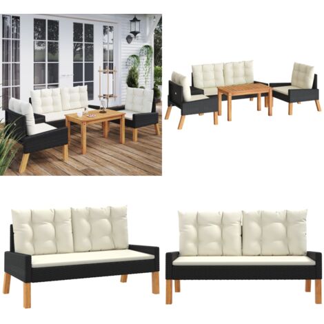 4-tlg. Garten-Lounge-Set mit Kissen Poly Rattan&Massivholz - Gartensofa - Lounge Set - Gartenmöbeln - Outdoor Möbel - Rattan Gartenmöbel - Home & Living