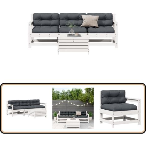 4-tlg. Garten-Lounge-Set mit Kissen Weiß Massivholz Kiefer - Gartenmöbel - Loungesessel - Gartenloungeset - Rattan Möbel - Kiefernholzmöbel