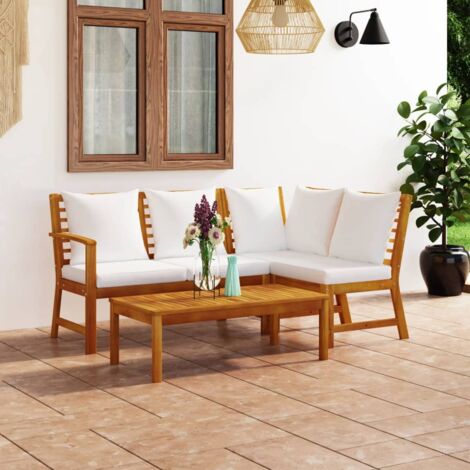 4-tlg. Garten-Lounge-Set,Gartenmöbel-Set,Terrassen-Sitzgruppe mit Auflagen Creme Massivholz Akazie CFW199581