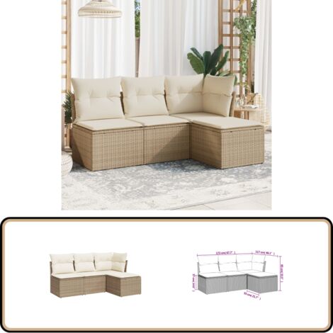 4-tlg. Garten-Sofagarnitur mit Kissen Beige Poly Rattan - Gartenmöbel - Sofa Set - Rattan Möbel - Outdoor Sofa - Gartenlounge