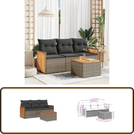 4-tlg. Garten-Sofagarnitur mit Kissen Grau Poly Rattan - Gartenmöbel - Outdoor Möbel - Gartensorte - Lounge Set - Rattan Gartenset
