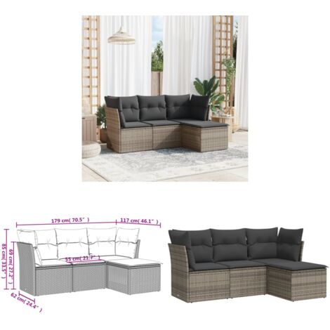 4-tlg. Garten-Sofagarnitur mit Kissen Grau Poly Rattan - Gartenmöbel Set - PE-Rattan Möbel - Outdoor Sofa - Lounge Gruppe - Esszimmergarnitur - Home & Living