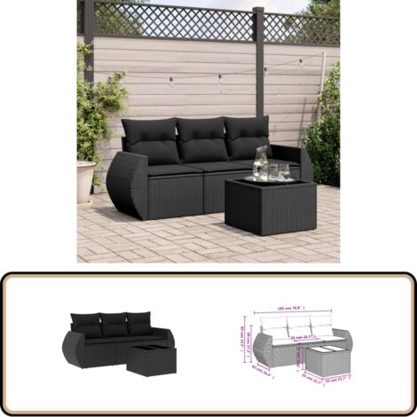 4-tlg. Garten-Sofagarnitur mit Kissen Schwarz Poly Rattan - Gartenmöbel - Esstischgarnituren - Outdoor Möbel - Lounge Set - Rattan Sofa