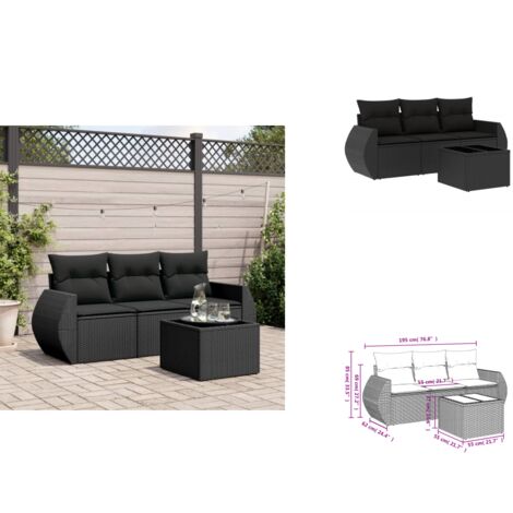 4-tlg. Garten-Sofagarnitur mit Kissen Schwarz Poly Rattan - Gartenmöbel - Esstischgarnituren - Outdoor Möbel - Lounge Set - Rattan Sofa