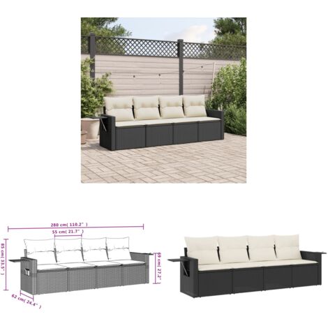 4-tlg. Garten-Sofagarnitur mit Kissen Schwarz Poly Rattan - Gartenmöbel - Outdoor Möbel - Rattan Gartenmöbel - Lounge Set - Sofasitzgruppe - Home & Living