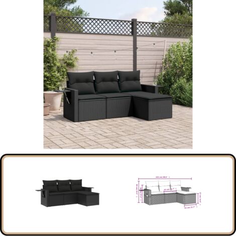 4-tlg. Garten-Sofagarnitur mit Kissen Schwarz Poly Rattan - Gartenmöbel - Outdoor Möbel - Rattan Gartenset - Lounge Set - Sofasitzgruppe