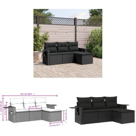 4-tlg. Garten-Sofagarnitur mit Kissen Schwarz Poly Rattan - Gartenmöbel - Outdoor Möbel - Rattan Gartenset - Lounge Set - Sofasitzgruppe - Home & Living