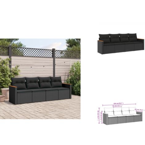 4-tlg. Garten-Sofagarnitur mit Kissen Schwarz Poly Rattan - Gartensofas - Outdoor Möbel - Gartenmöbel Set - Rattan Sofa - Lounge Set
