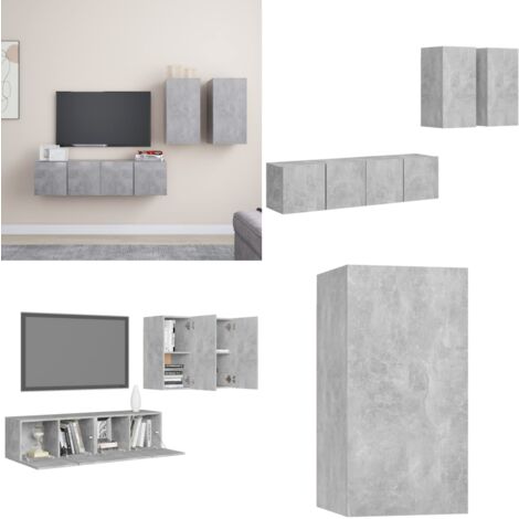 4-tlg. TV-Schrank-Set Betongrau Holzwerkstoff - TV-Schrank-Set - Wandhalterung