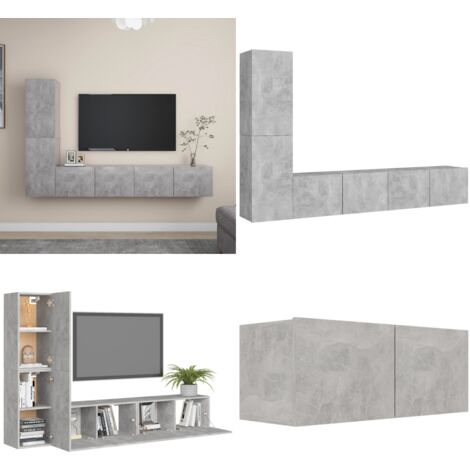 4-tlg. TV-Schrank-Set Betongrau Holzwerkstoff - Wandhalterung - Stauraum