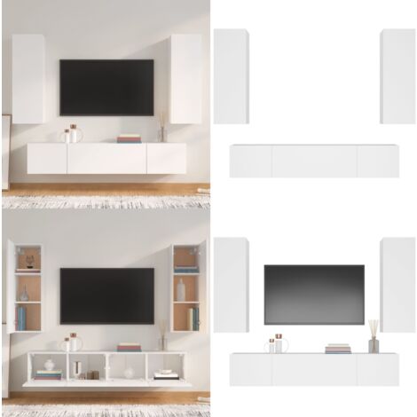 4-tlg. TV-Schrank-Set Weiß Holzwerkstoff - TV-Schrank - Holzwerkstoff Möbel - Weißer TV-Stand - Wandmontage - Wohnzimmer Dekoration - Home & Living