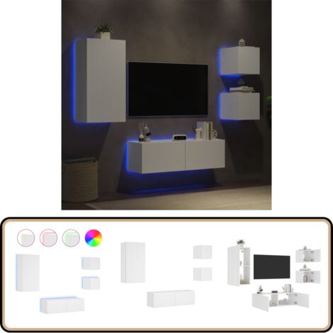 4-tlg. TV-Wohnwand mit LED-Leuchten Weiß - TV-Wandregal - TV-Einrichtung - Regal Weiß - Fernsehschrank - Wohnzimmer Dekoration