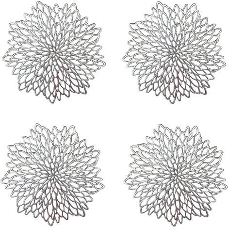 4 tovagliette in argento, tovagliette rotonde traforate, tovagliette rotonde in plastica, utilizzate per l'isolamento termico delle piastre e la decorazione della tavola (argento)