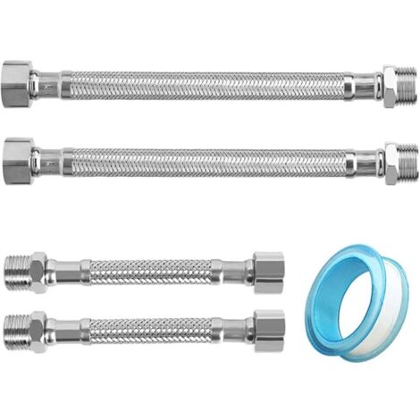 4 tuyaux flexibles de 3/8", en acier inoxydable 304, rallonges de tuyau flexible pour robinets de salle de bain et de toilettes (10 cm/20 cm)