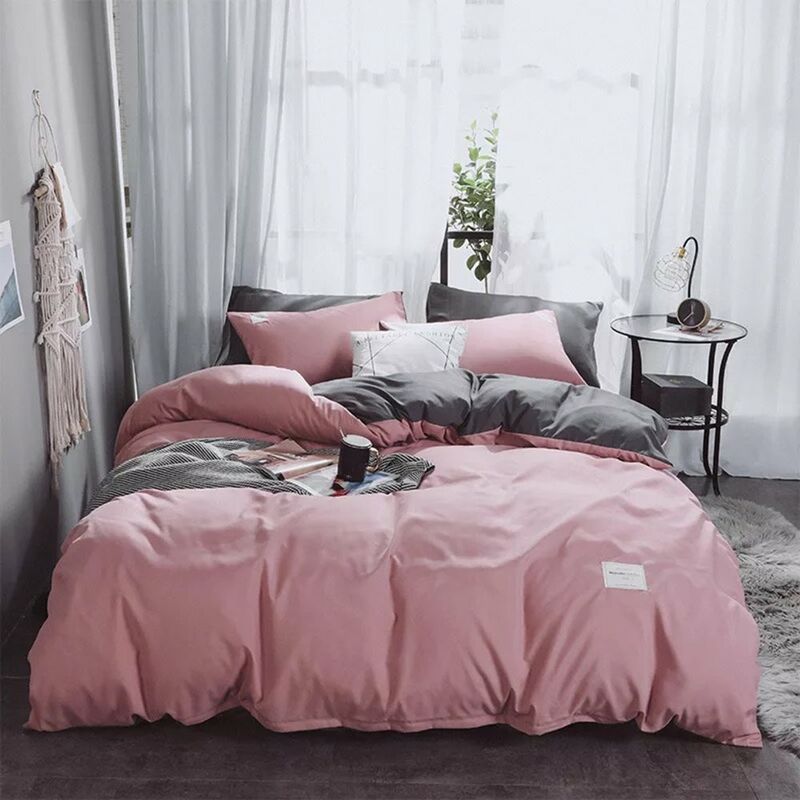 

4 unids / set funda nordica y sabana y 2 piezas funda de almohada juegos de cama ropa de cama suministros de dormitorio para el hogar,Rosa y gris,