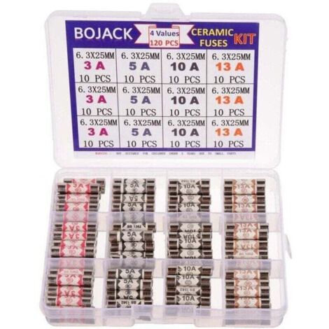 4 Valeurs 120 pièces 3 5 10 13 A ampère 240 V Volt Fiche secteur du ménage Fusible 6.3x25 mm 0.25x1Inch BS1362 Cartouche de tubes en céramique avec fusibles Kit d'assortiment