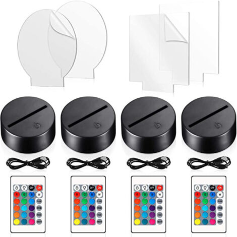 4 Veilleuses 3D LED 16 couleurs Télécommande USB Support acrylique