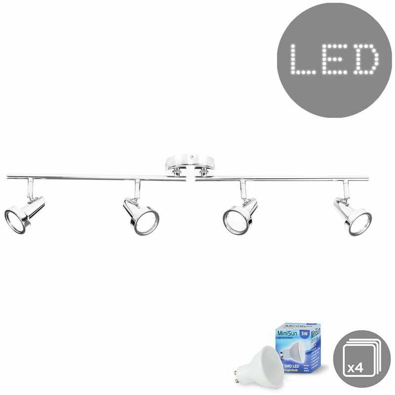 Minisun - 4 Way Adjustable Ceiling Light Spotlight Bar In Chrome + 4 x GU10 Cool White LED Bulbs