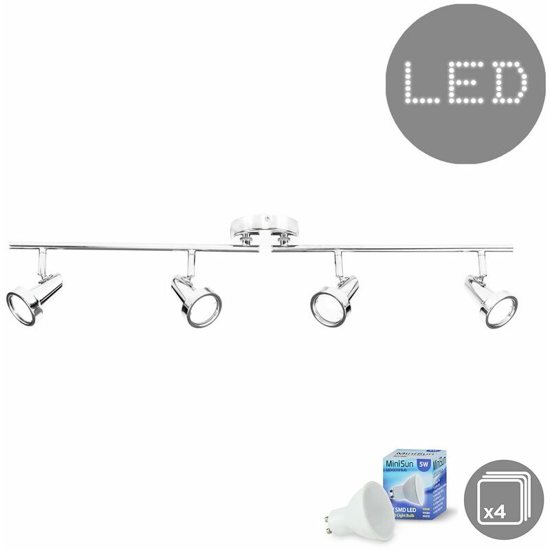 Minisun - 4 Way Adjustable Ceiling Light Spotlight Bar In Chrome + 4 x GU10 Warm White LED Bulbs