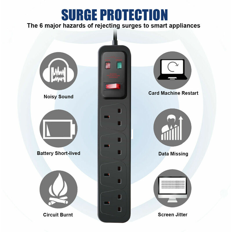 Extrastar - 4 Way Extension Lead Surge Protecetd with Switched Socket Black, 1M