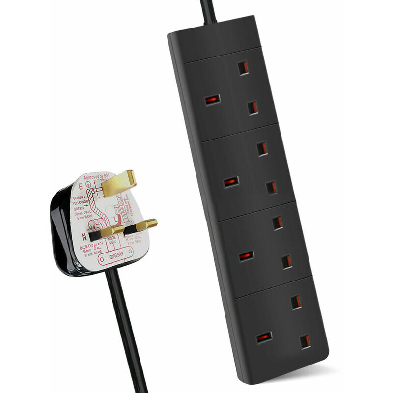 4 Way Extension Leads with Cable 1M, Black, Child-Resistant Sockets