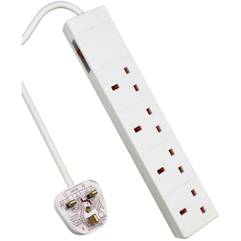 4 Way Extension Leads with Cable 2M, White, with Switch, Child-Resistant Sockets