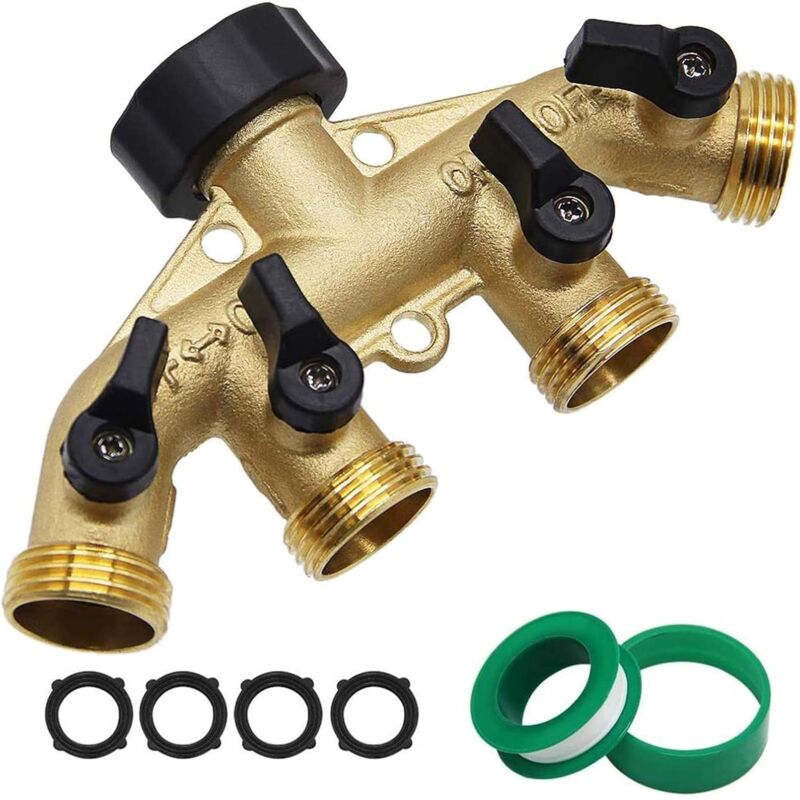 4 Way Heavy Duty Brass Hose Splitter, Hose Connector 3/4', Hose Spigot Adapter with 4 Valves, Hose Bib Splitter, Outdoor Faucet Splitter, Water Spigot