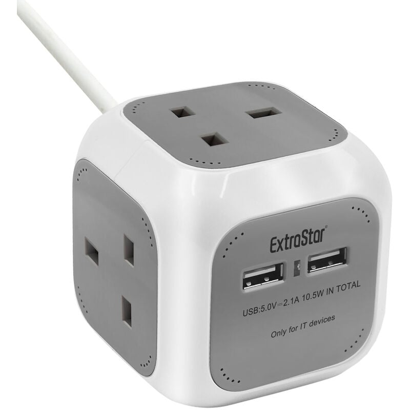 Extrastar - 4 Way Magic Cube Socket with Cable, 1.5M, Grey, with 2 usb slot