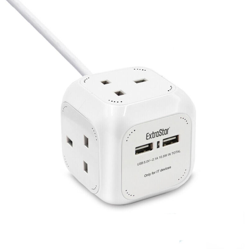 Extrastar - 4 Way Magic Cube Socket with Cable, 1.5M, White, with 2 usb Slot