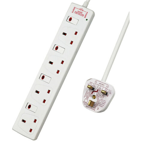 4 Way Socket 13A, 2M, White, with Indicate Light, Individual Switches, Surge Indicator