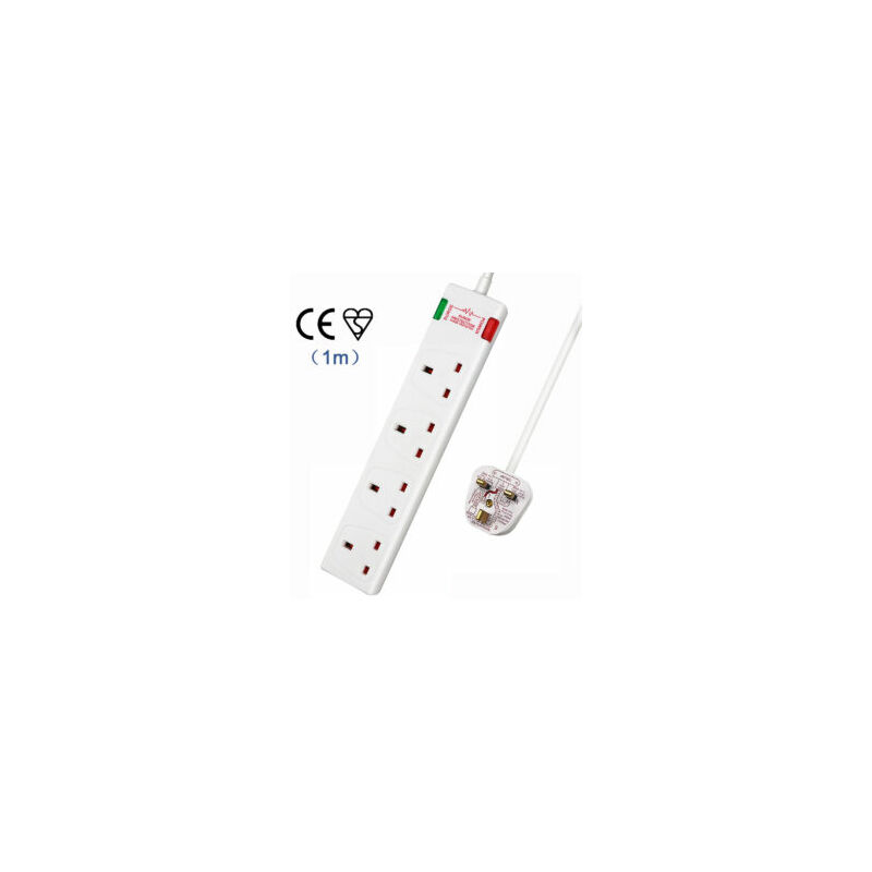 4 Way Socket with Cable 1M, White, with Power Indicator, Child-Resistant Sockets, Surge Indicator