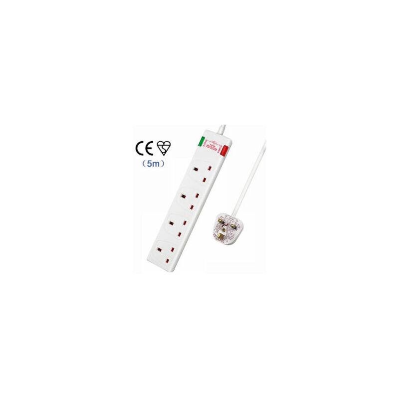 4 Way Socket with Cable 5M, White, with Power Indicator, Child-Resistant Sockets, Surge Indicator