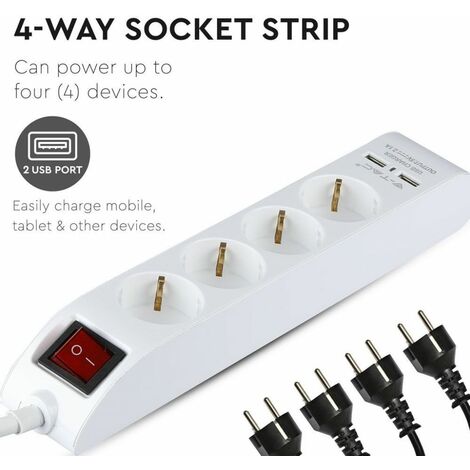 4-Wege-Verlängerungssteckdosen - Schalter - Weiß - 1,4 m Kabel - Strip