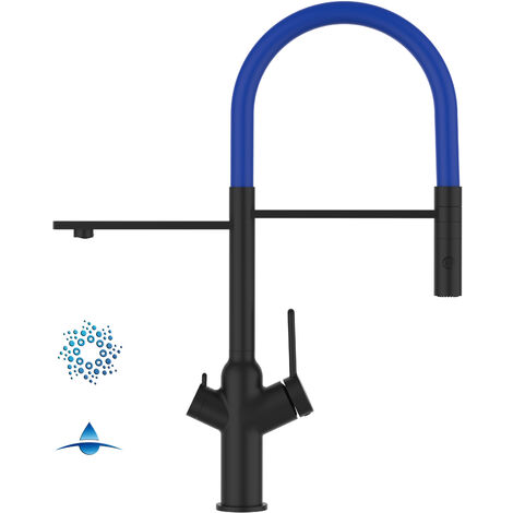 4 Wege Wasserhahn Kueche Spueltischarmatur Schwarz Matt Kuechenarmatur mit Blau 360 schwenkbarem Auslauf und abnehmbare 2 strahl Handbrause - BOD Design