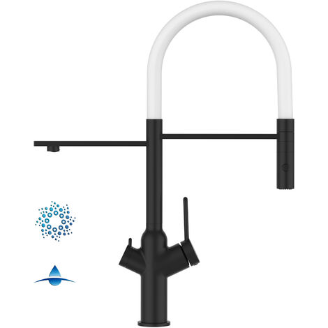 4 Wege Wasserhahn Kueche Spueltischarmatur Schwarz Matt Kuechenarmatur mit Weiss 360 schwenkbarem Auslauf und abnehmbare 2 strahl Handbrause - BOD Design