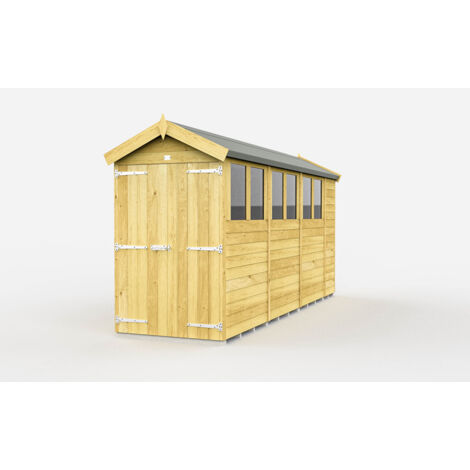 4 x 15 Feet Apex Shed - Double Door With Windows - Wood - L454 x W118 x H217 cm