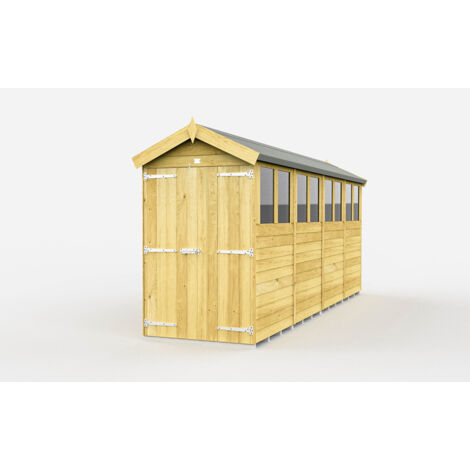 4 x 16 Feet Apex Shed - Double Door With Windows - Wood - L472 x W118 x H217 cm