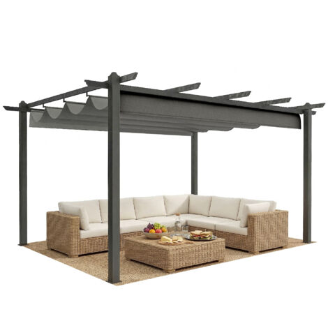 4 x 3(m) Aluminium Pergola with Retractable Roof, Garden Gazebo Canopy Shelter for Outdoor, Patio, Grey