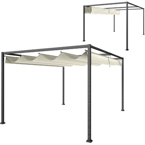 4 x 3(m) Metal Pergola with Retractable Roof, Garden Gazebo Canopy Shelter for Outdoor, Patio, Cream White