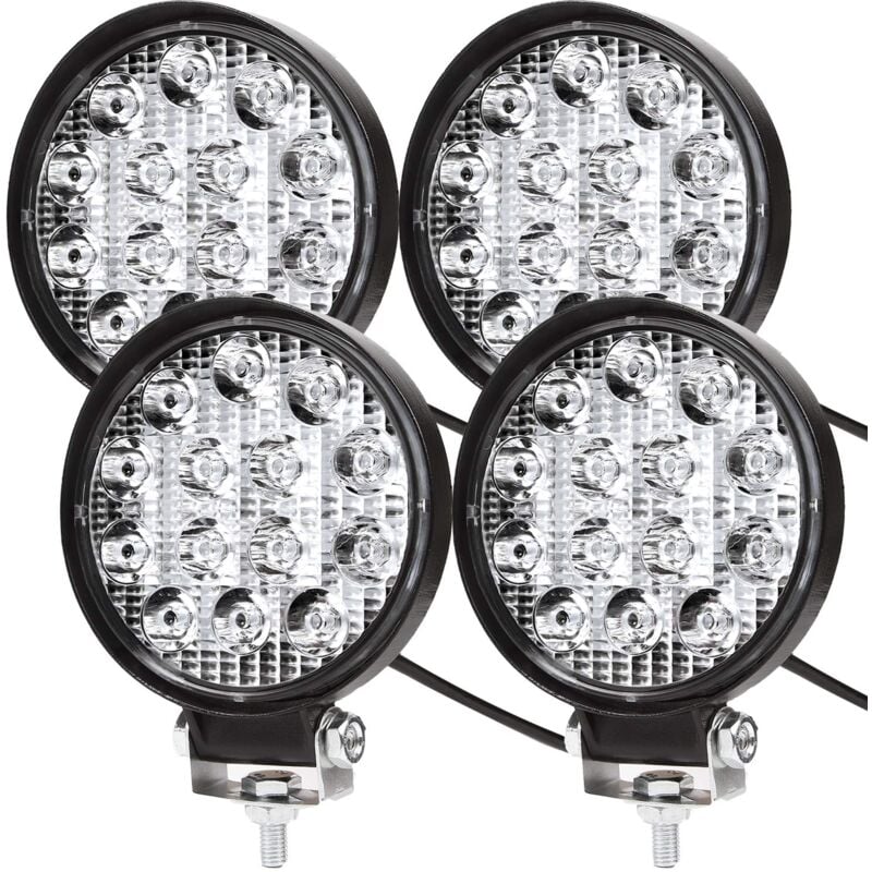 4 x 42W Phare de Travail à led, Projecteur Ronde 12V 24V Phares Longue Portee led IP67 Spot Flood Lumière de recul pour Voiture Camion Tracteur suv
