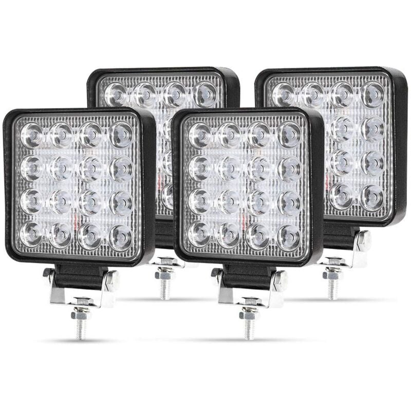4 x 48W Phare de Travail à led, Projecteur Carré 12V 24V Phares Longue Portee led IP67 Spot Flood Lumière de recul pour Voiture Camion Tracteur suv