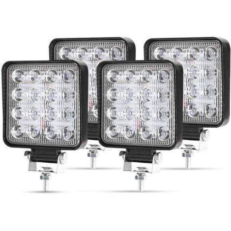 4 X 48W Phare de Travail à led, Projecteur Carré 12V 24V Phares Longue Portee led IP67 Spot Flood Lumière de recul pour Voiture Camion Tracteur SUV Bateau(4 PCS)