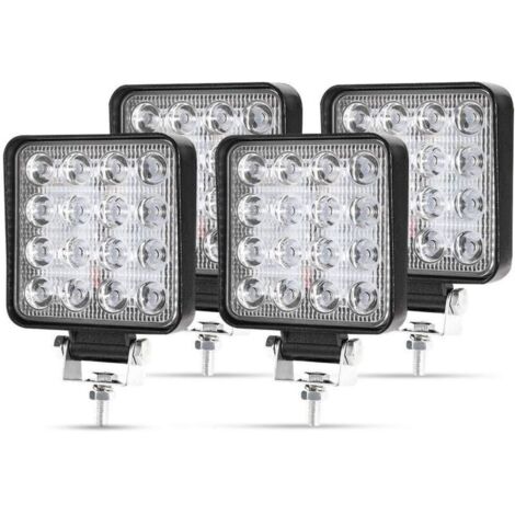 4 X 48W Phare de Travail à led, Projecteur Carré 12V 24V Phares Longue Portee led IP67 Spot Flood Lumière de recul pour Voiture Camion Tracteur SUV Bateau(4 PCS)